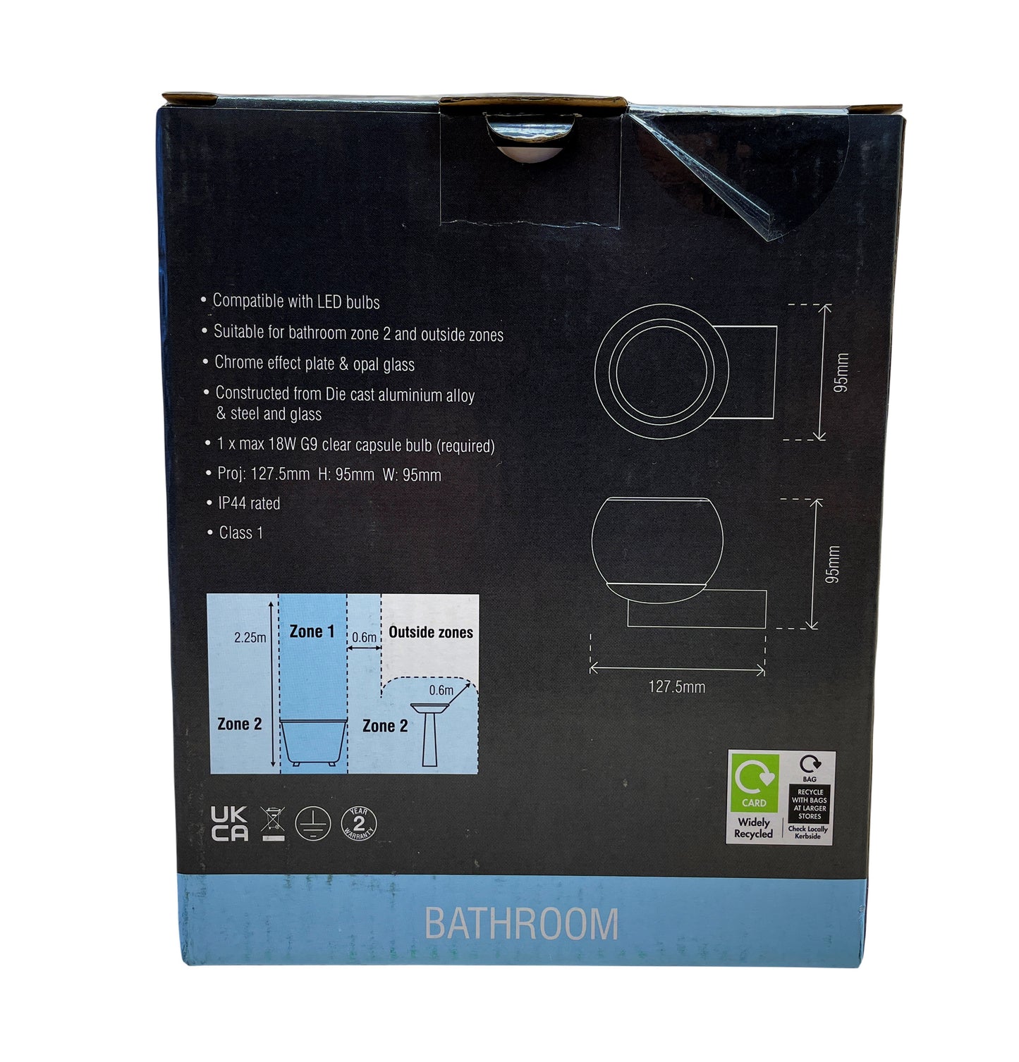 Saxby Bond Chrome Opal Glass Bathroom Wet Room Modern Wall Light IP44