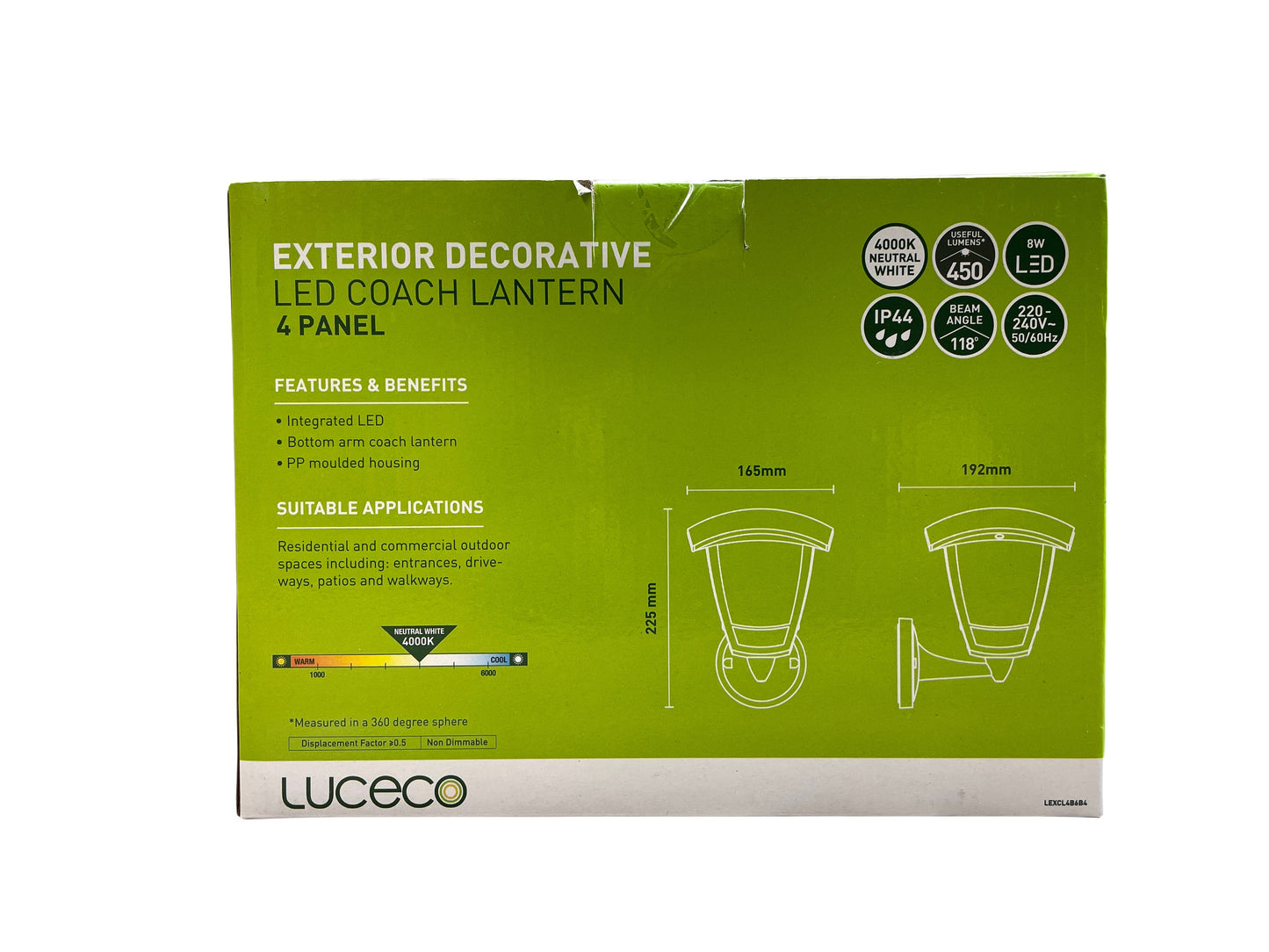 2 x Luceco LED Coach Lantern IP44 Black Outdoor Wall Light 4000K 8W 450lm Pair