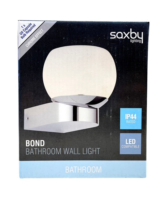 Saxby Bond Chrome Opal Glass Bathroom Wet Room Modern Wall Light IP44